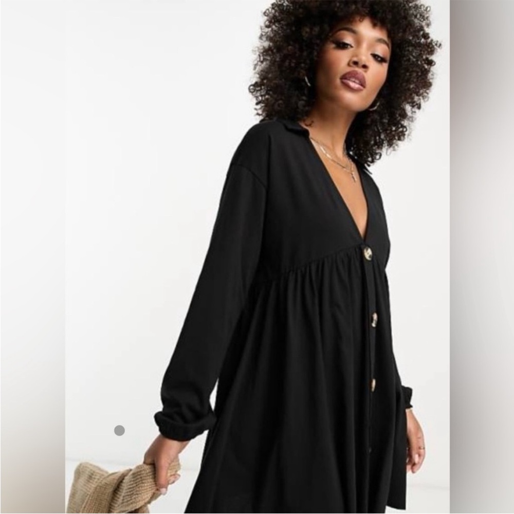 NWT ASOS Curve Design US 16 Black Ling Sleeve button-down babydoll dress